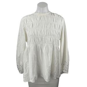 Neem Women's White Long Sleeve Smocked Mock Neck Peplum Blouse Top Size XS/S